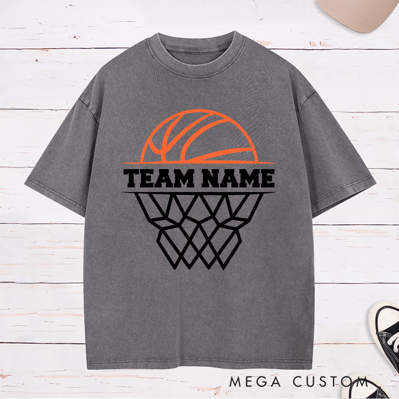 Personalized Basketball Team Washed T-Shirt Design Featuring Custom Team Name with Bold Hoop and Ball Graphic