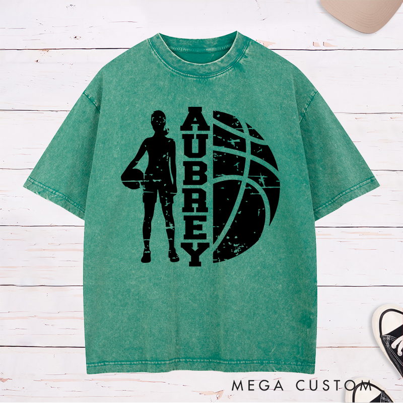 Personalized Washed T-Shirt Design Featuring a Bold Basketball Player Silhouette with Customizable Vertical Name and Distressed Graphic Style