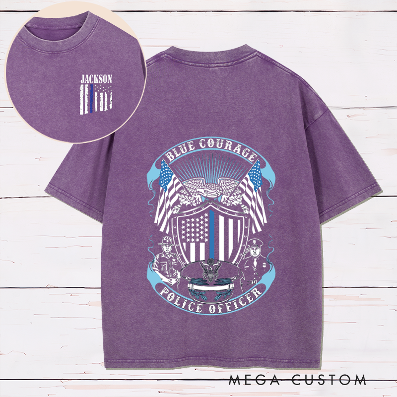 Personalized Blue Courage Police Officer Washed T-Shirt with American Flag and Law Enforcement Gift for Police