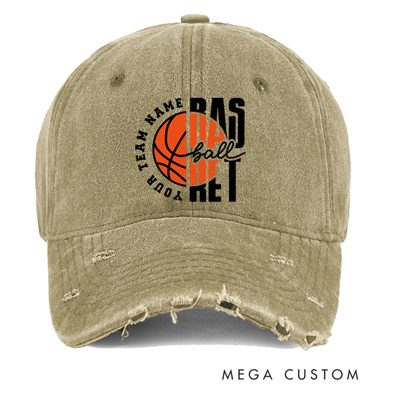 Personalized Basketball Distressed Cap with Custom Team Name and Bold Basketball Graphic Design