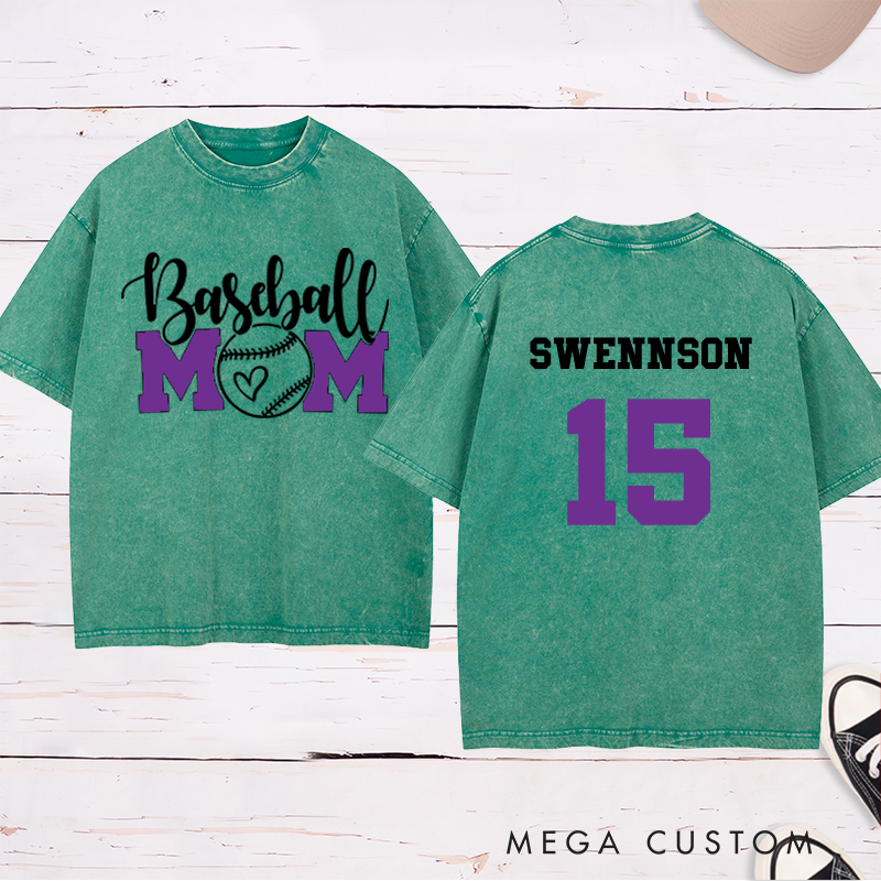 Personalized Baseball Mom Washed T-Shirt with Heart-Inspired Design and Custom Name and Number