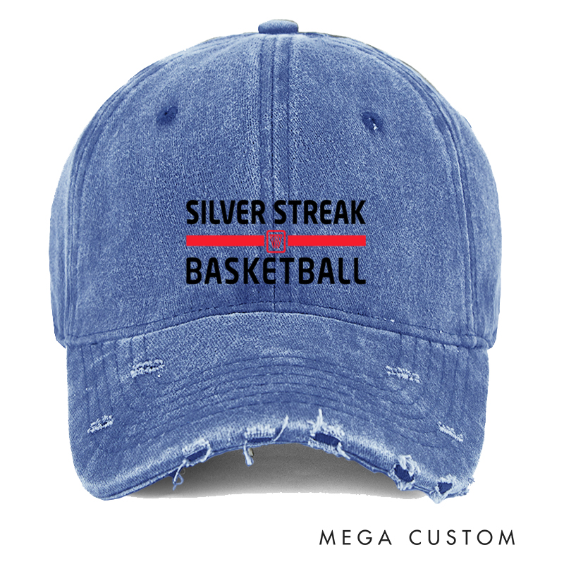 Personalized Distressed Denim Basketball Cap with Custom Team Name and Classic Design