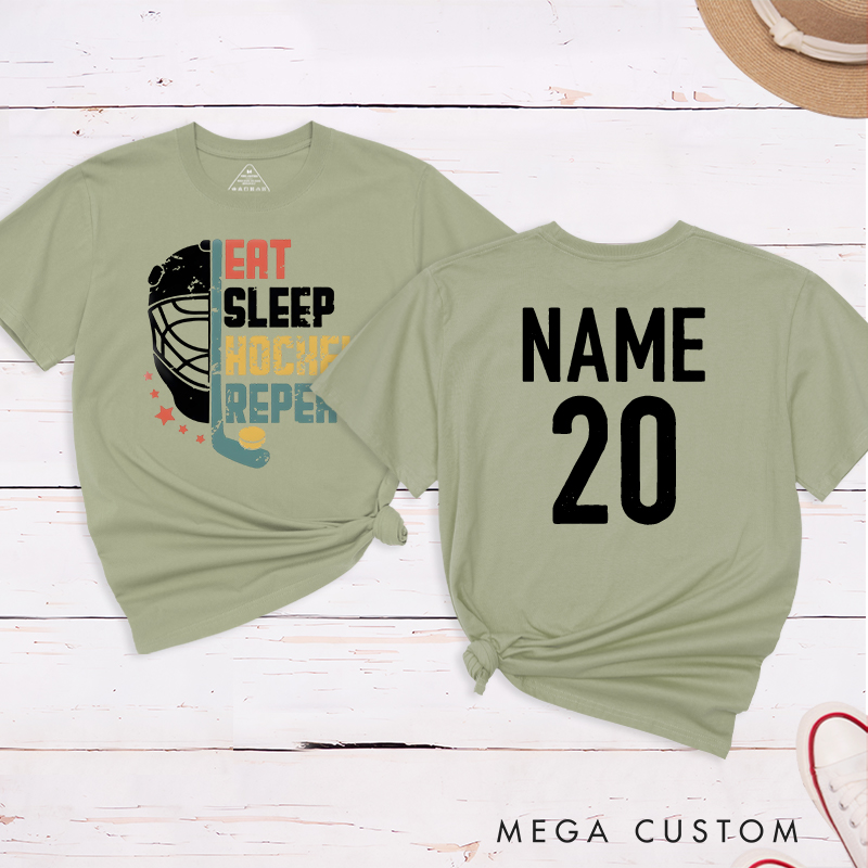 Personalized "Eat, Sleep, Hockey, Repeat" T-Shirt with Custom Name and Number