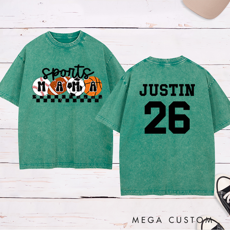 Personalized Sports Mama Washed  T-Shirt with Custom Name and Number