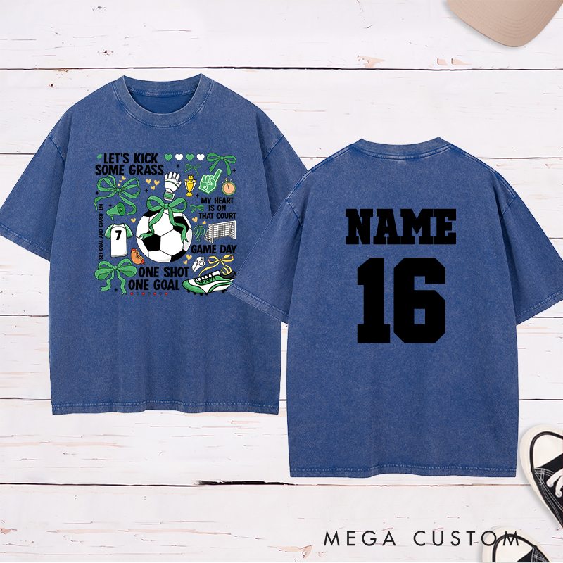 Personalized Soccer Washed T-Shirt with Fun "Let's Kick Some Grass" Design and Custom Name and Number
