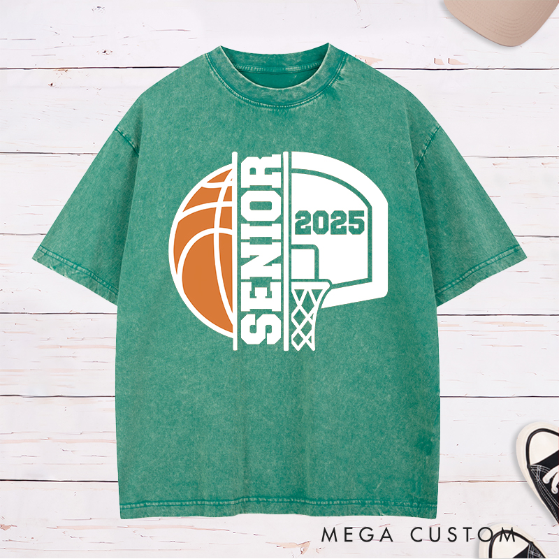 Personalized Washed T-Shirt Design Featuring Bold Basketball Graphics Highlighting "Senior" Status and a Customizable Graduation Year