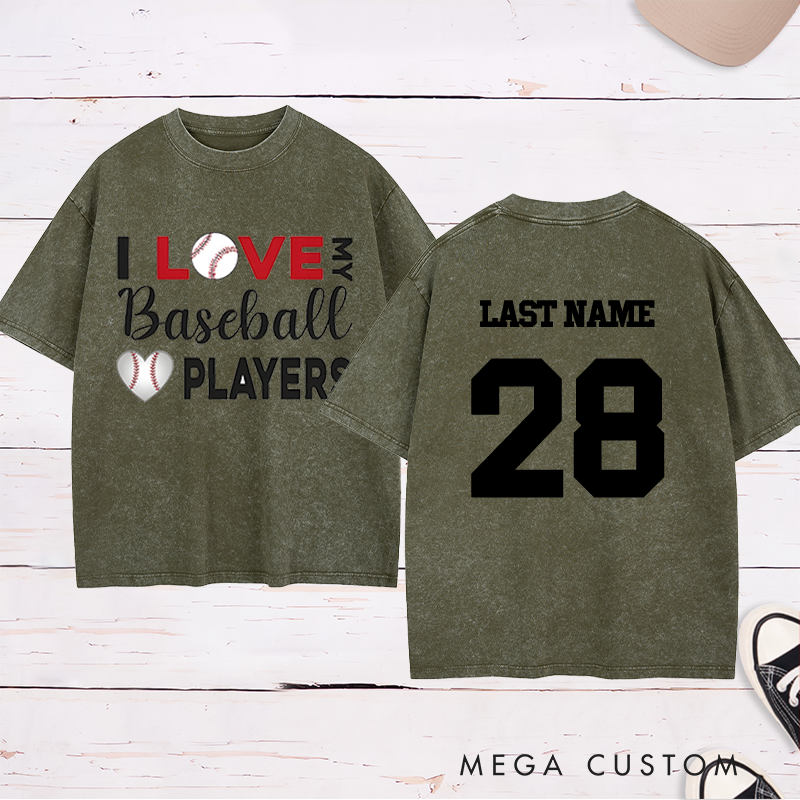 Personalized "I Love My Baseball Players" Washed T-Shirt with Custom Name and Number   