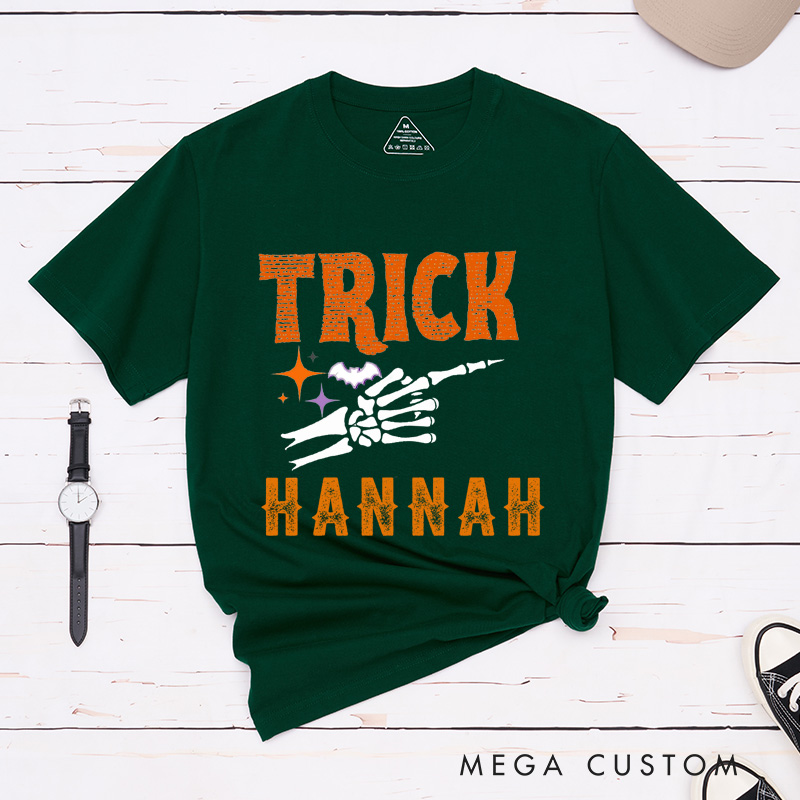 Personalized Halloween Trick Or Treat Funny Couple Matching T-Shirt Skeleton Finger Couple Shirt