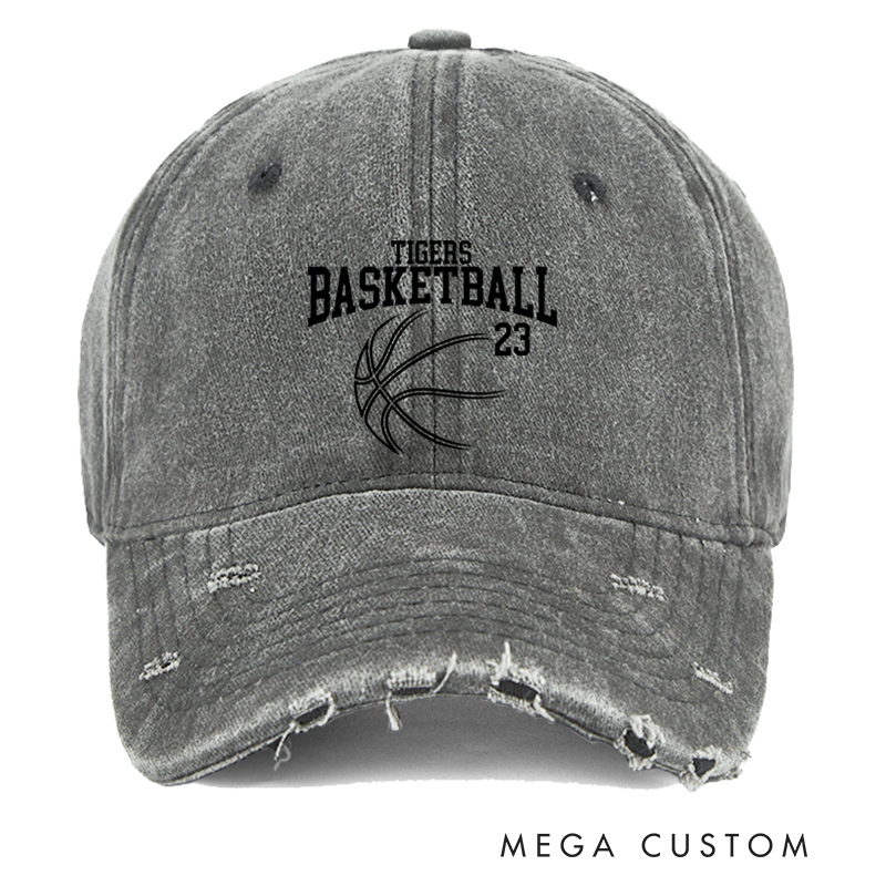Personalized Distressed Basketball Cap with Custom Team Name and Player Number Design