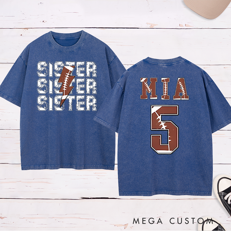 Personalized American Football and Rugby Sister Washed T-Shirts with Custom Name and Number