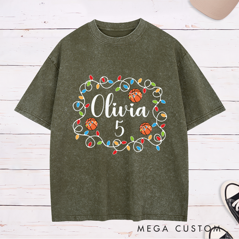 Personalized Washed Christmas T-Shirt with Custom Name, Number, Basketballs, and String Lights Design