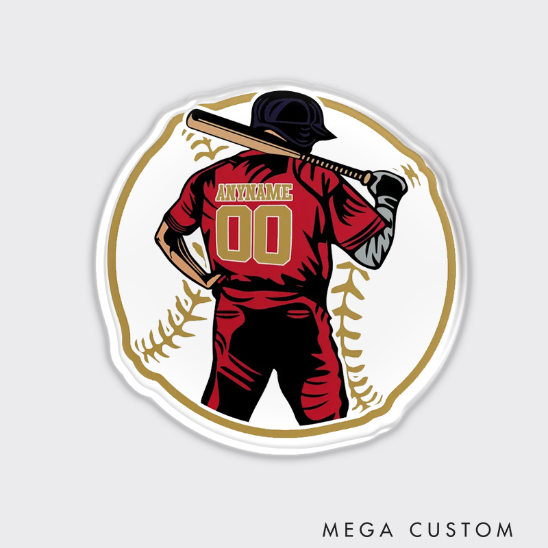 Personalized Baseball Fridge Magnet with Player Graphic and Custom Name and Number