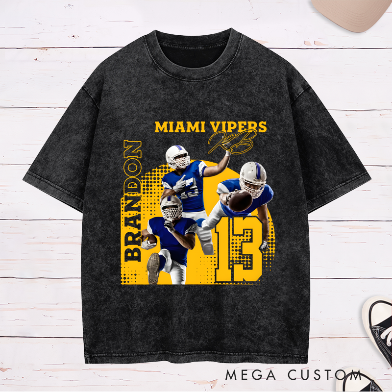 Personalized Washed American Football T-Shirt with Custom Photo, Name, Team Name, and Number Design