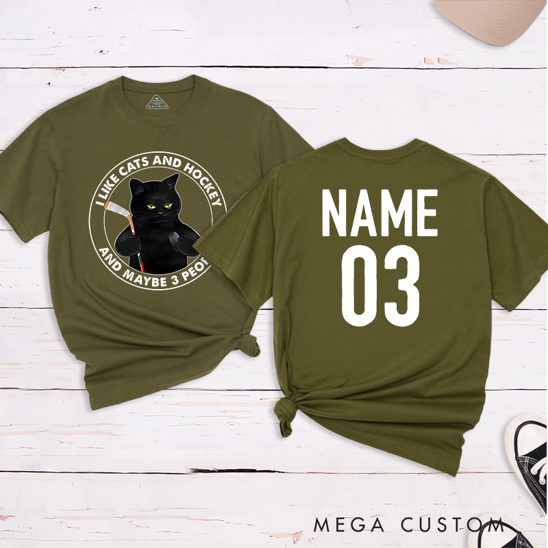 Personalized Funny Cat and Hockey Lover T-Shirt with Custom Name and Number