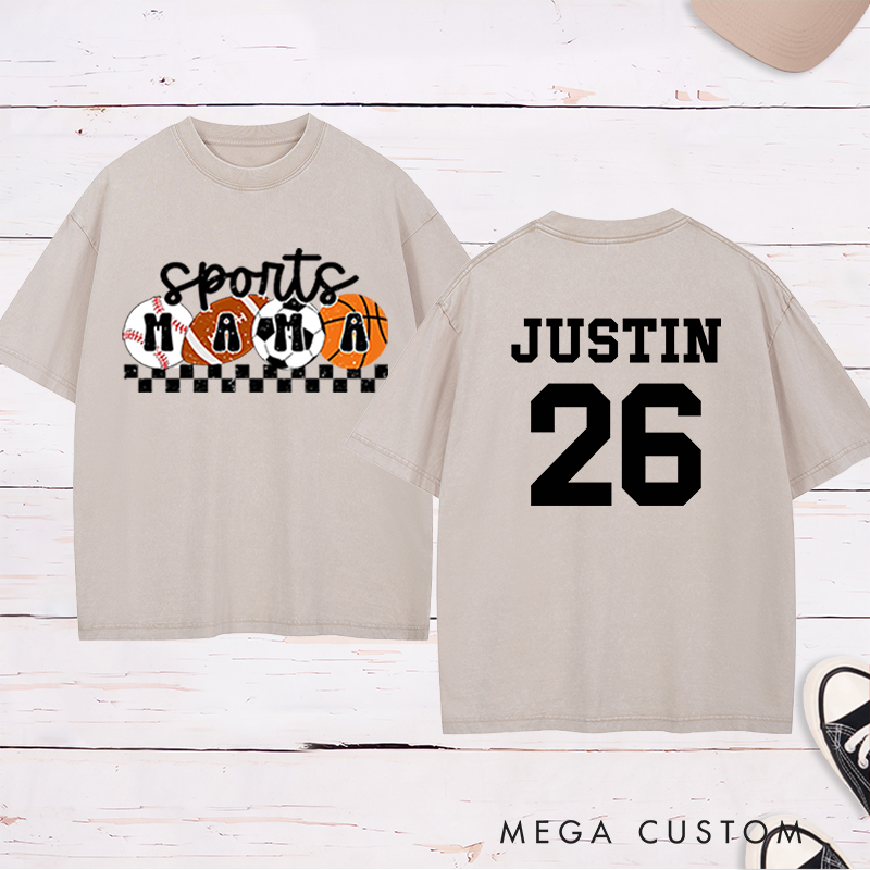 Personalized Sports Mama Washed  T-Shirt with Custom Name and Number