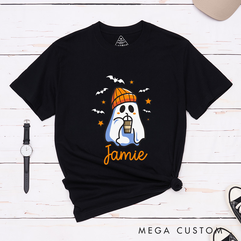 Personalized Coffee-Drinking Ghost Couple Halloween Funny Matching T-Shirt