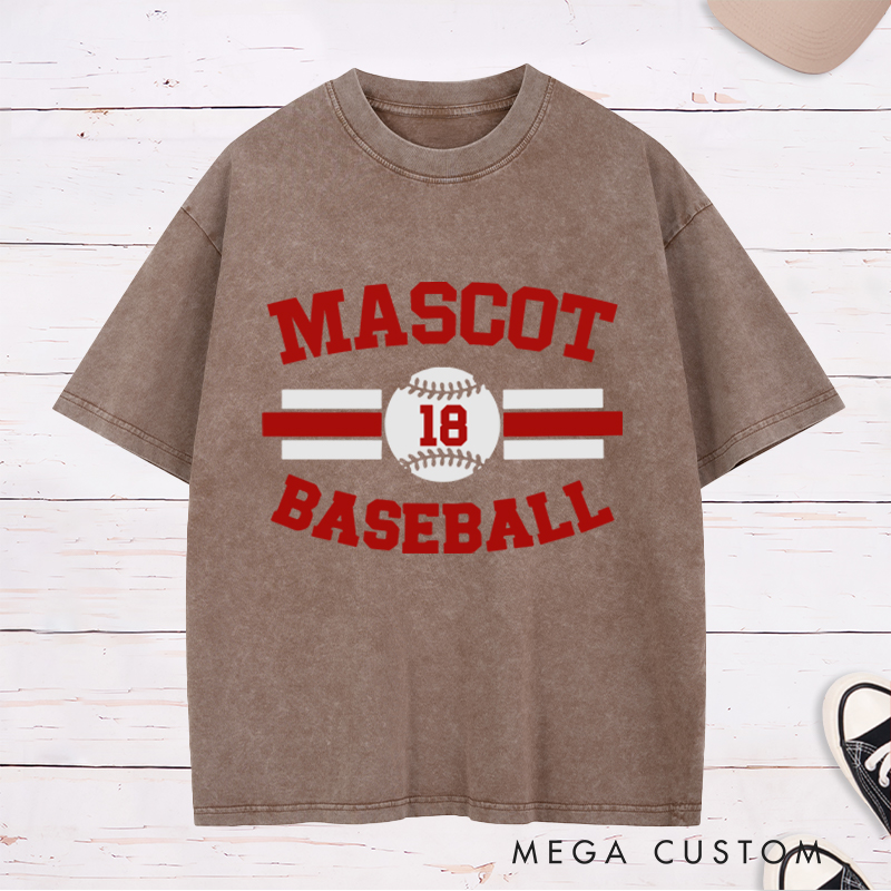 Personalized Baseball Washed T-Shirt with Custom Name and Striking Stripe and Ball Graphics