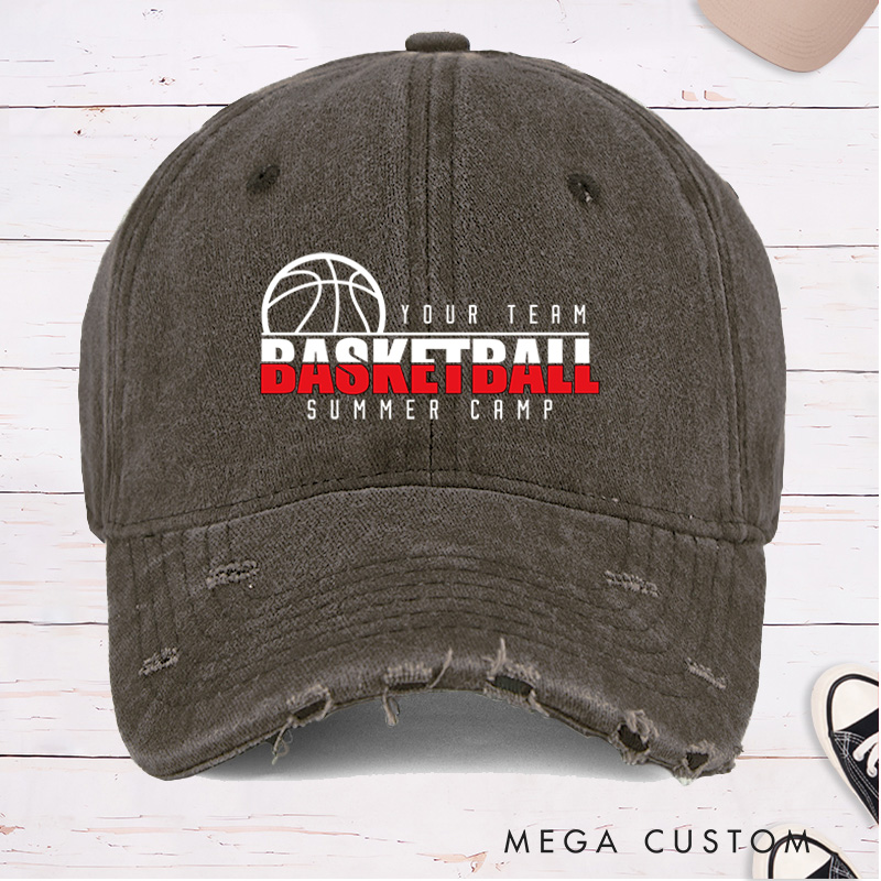 Personalized Distressed Denim Basketball Cap with Custom Team Name and "Basketball Summer Camp" Design