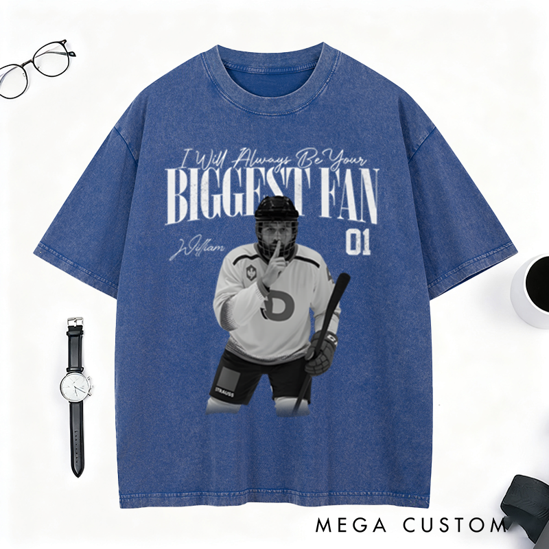 Personalized Ice Hockey Fan Washed T-Shirt with Custom Player Image, Name, and Number