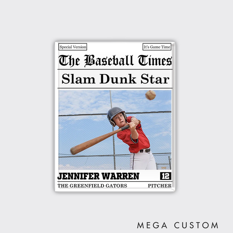 Personalized The Sports Times Baseball Newspaper Refrigerator Magnet with Custom Photo and Text  