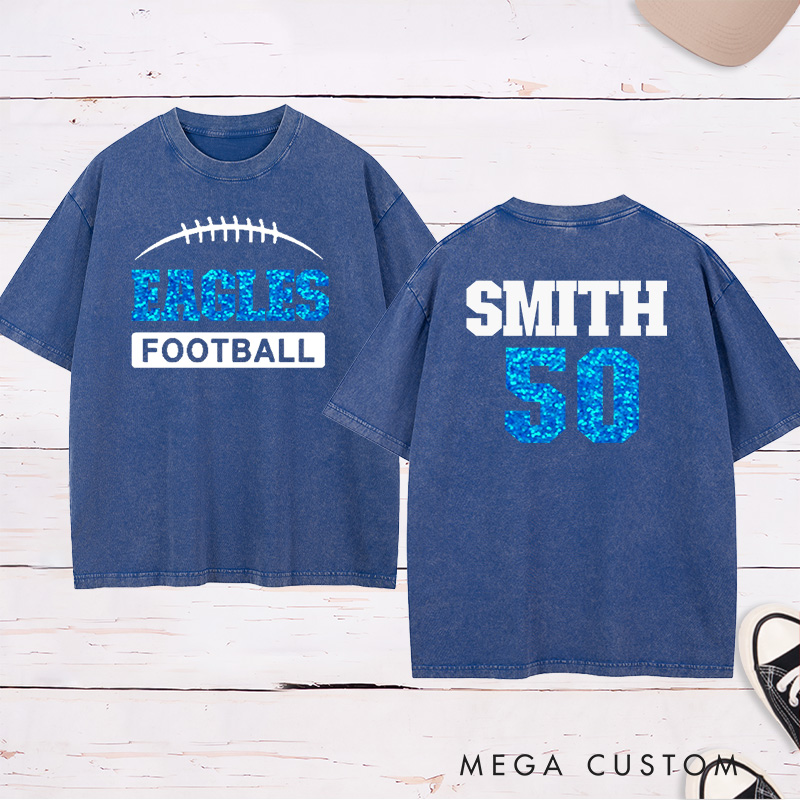 Personalized American Football Washed T-Shirt with Custom Team Name on the Front and Number on the Back