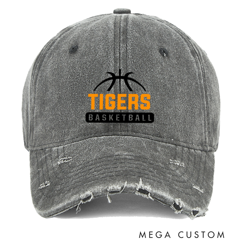 Personalized Distressed Basketball Cap with Custom Team Name and Basketball Logo