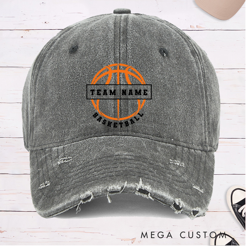 Personalized Distressed Denim Basketball Cap with Custom Team Name and Basketball Graphic Design