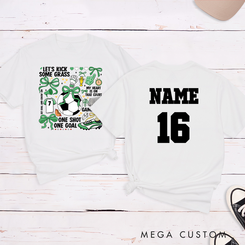 Personalized Soccer T-Shirt with Fun "Let's Kick Some Grass" Design and Custom Name and Number
