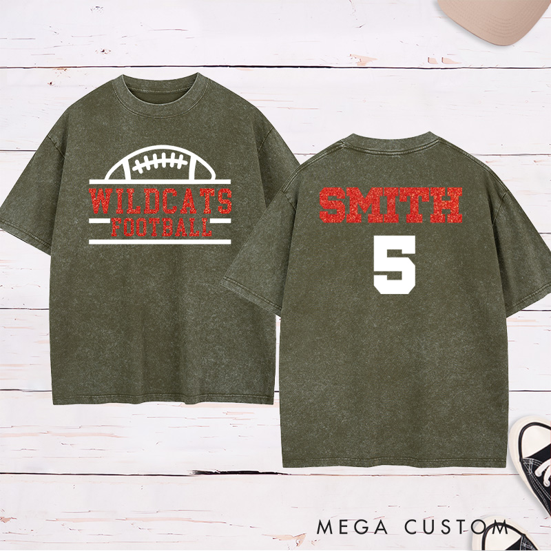 Personalized Glitter American Football and Rugby Washed T-Shirts with Custom Team Name and Number-Game Day Shirt