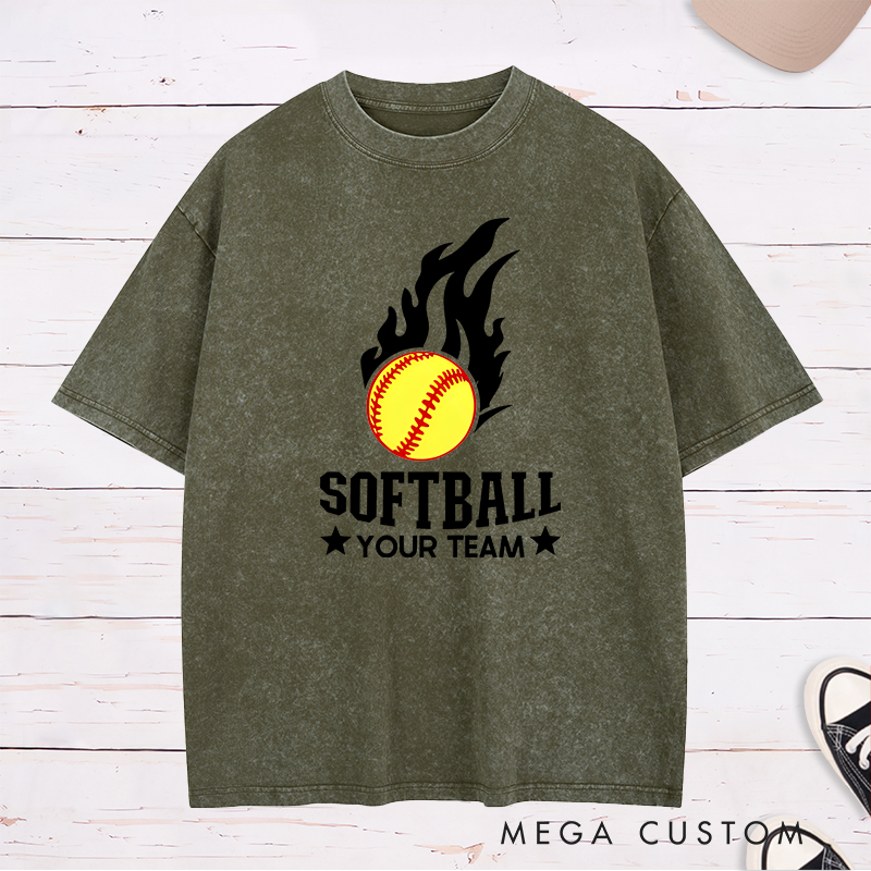Personalized Softball Team Washed T-Shirt Design Featuring Customizable Team Name Fiery Softball Graphic with Bold Star Accents