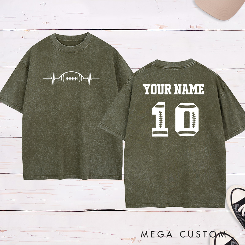 Personalized American Football and Rugby Heart Beat Washed T-Shirts Featuring Custom Name and Number