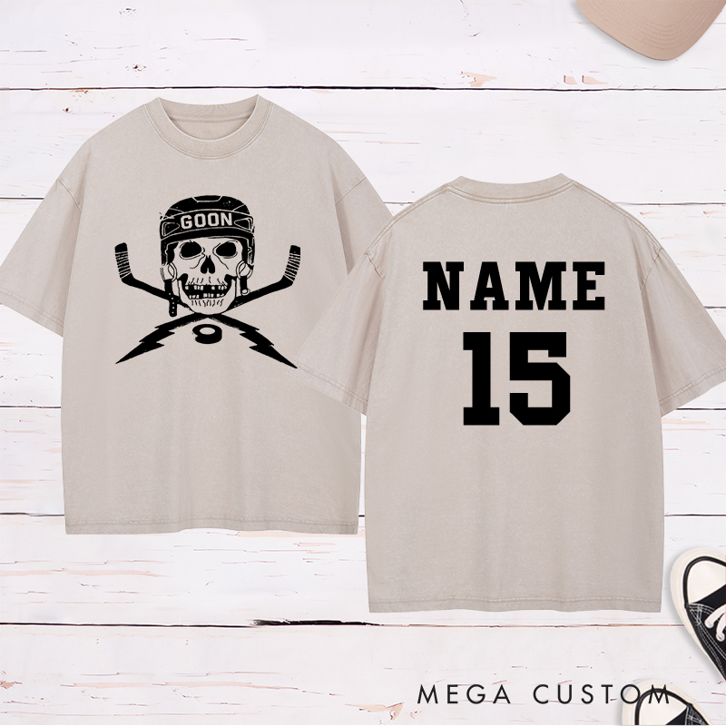 Personalized "Goon Skull" Hockey Washed T-Shirt with Custom Name and Number