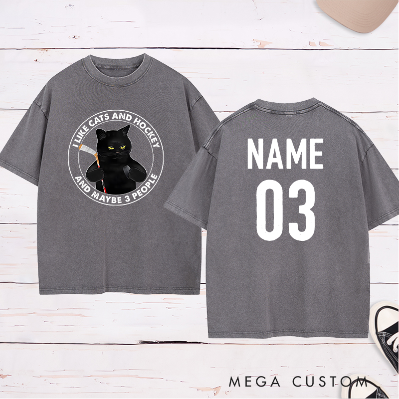 Personalized Funny Cat and Hockey Lover Washed T-Shirt with Custom Name and Number