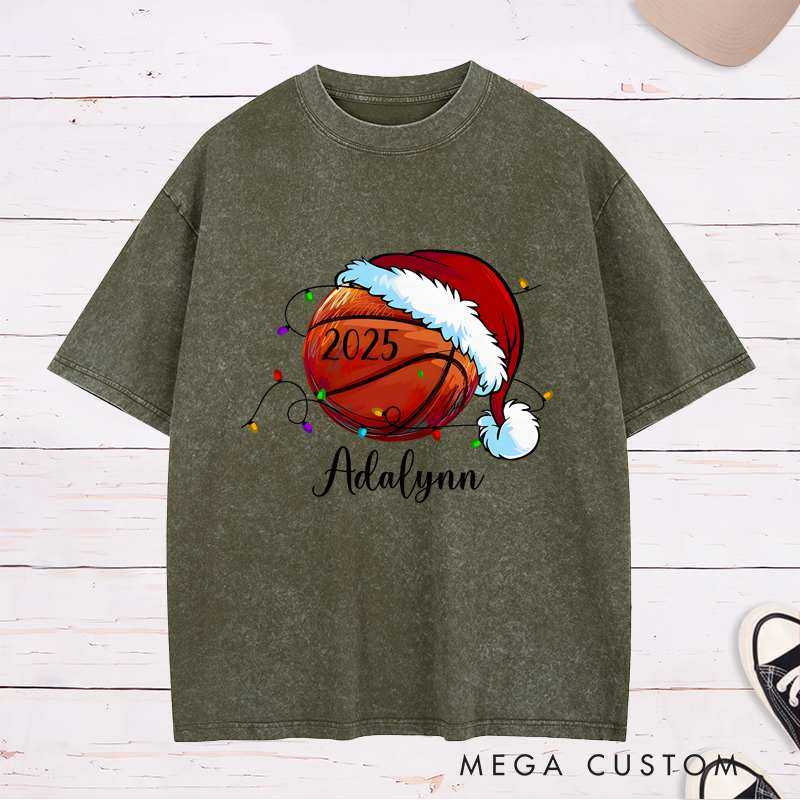 Personalized Festive Washed T-Shirt with Custom Name, Year, and Basketball Santa Hat Design