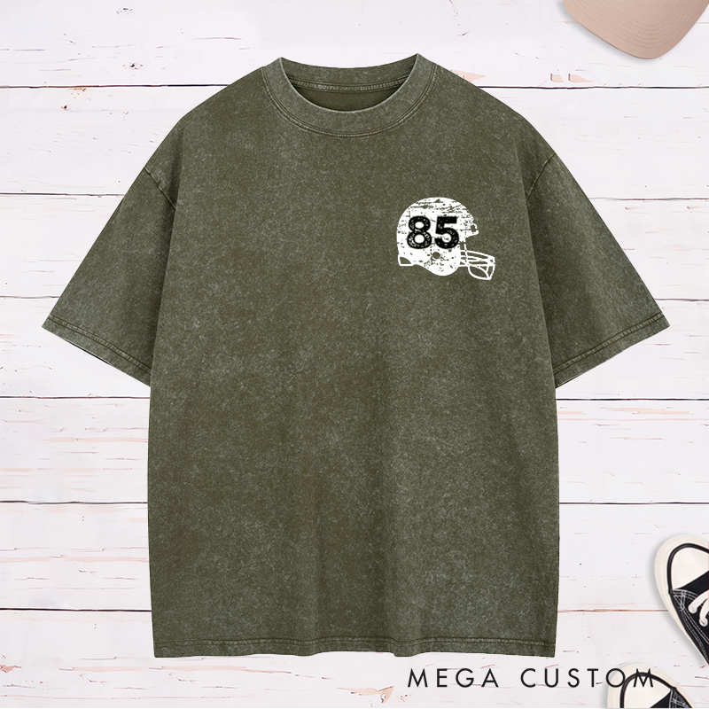 Personalized American Football Vintage Helmet Washed T-Shirt with Custom Number