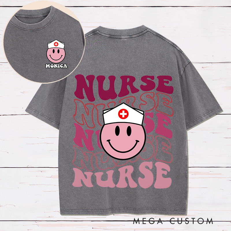 Personalized Two Sides Printed Washed T-Shirt Customized Retro Smiley Nurse Design Washed T-Shirt Nurse Week Gift