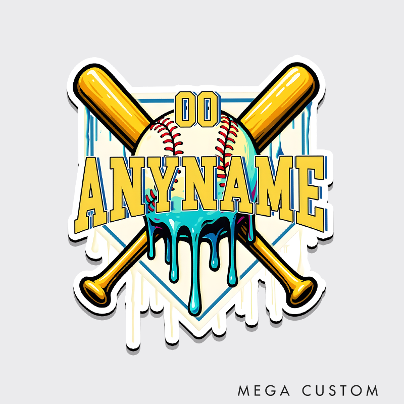 Personalized Baseball Refrigerator Magnet with Custom Name Number Dripping Effect Crossed Bats and Home Plate Design