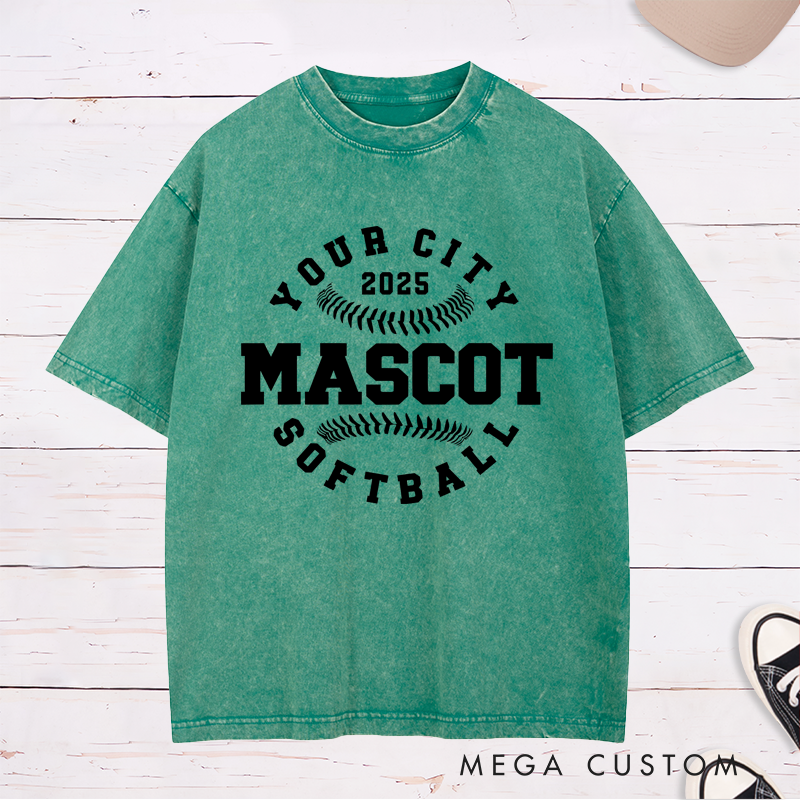 Personalized Softball Team Washed T-Shirt Design Featuring Custom City Name Team Name Baseball Stitch Graphics and Custom Year Highlight