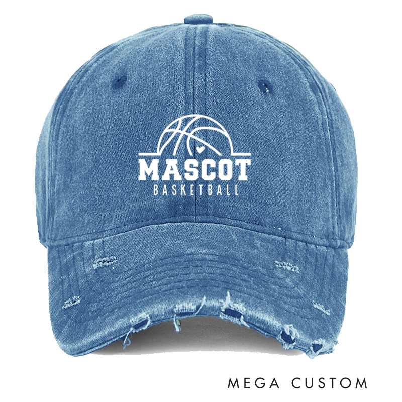 Personalized Mascot Basketball Distressed Cap with Custom Team Name and Minimalist Basketball Logo Design