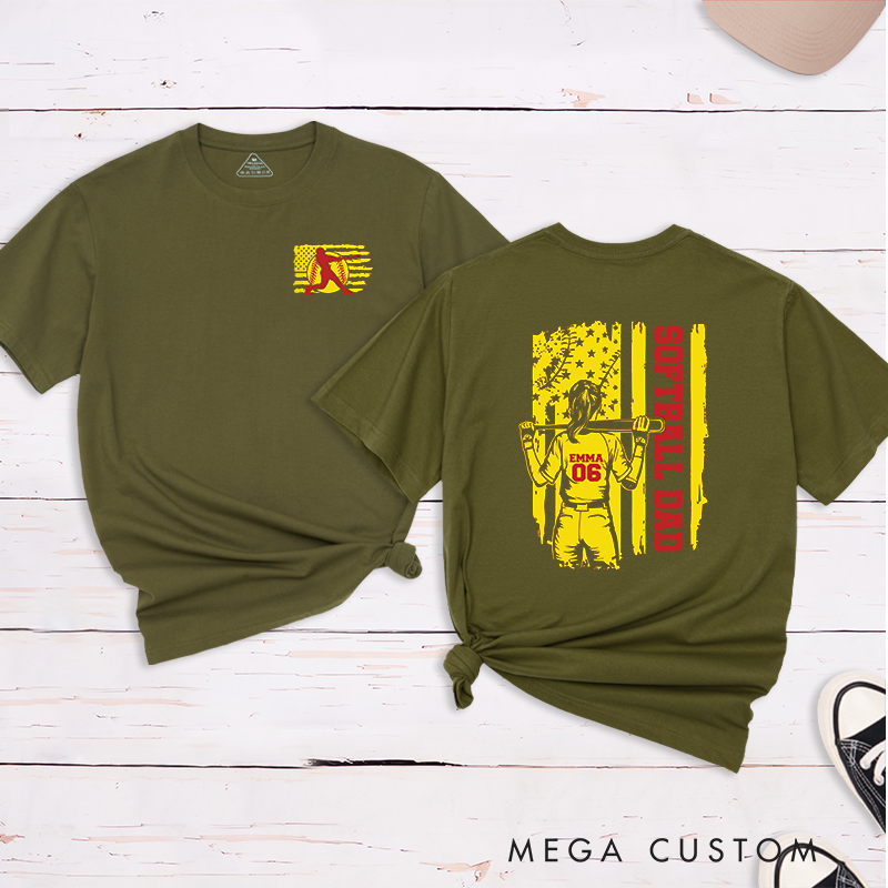Personalized Softball Dad T-Shirt Design Featuring Player Silhouette Custom Name and Number with Bold Patriotic Graphic