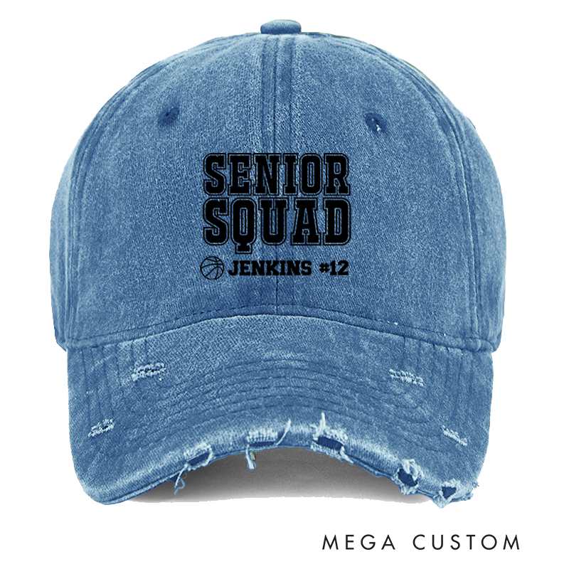 Personalized Senior Squad Distressed Cap with Custom Name and Number Design