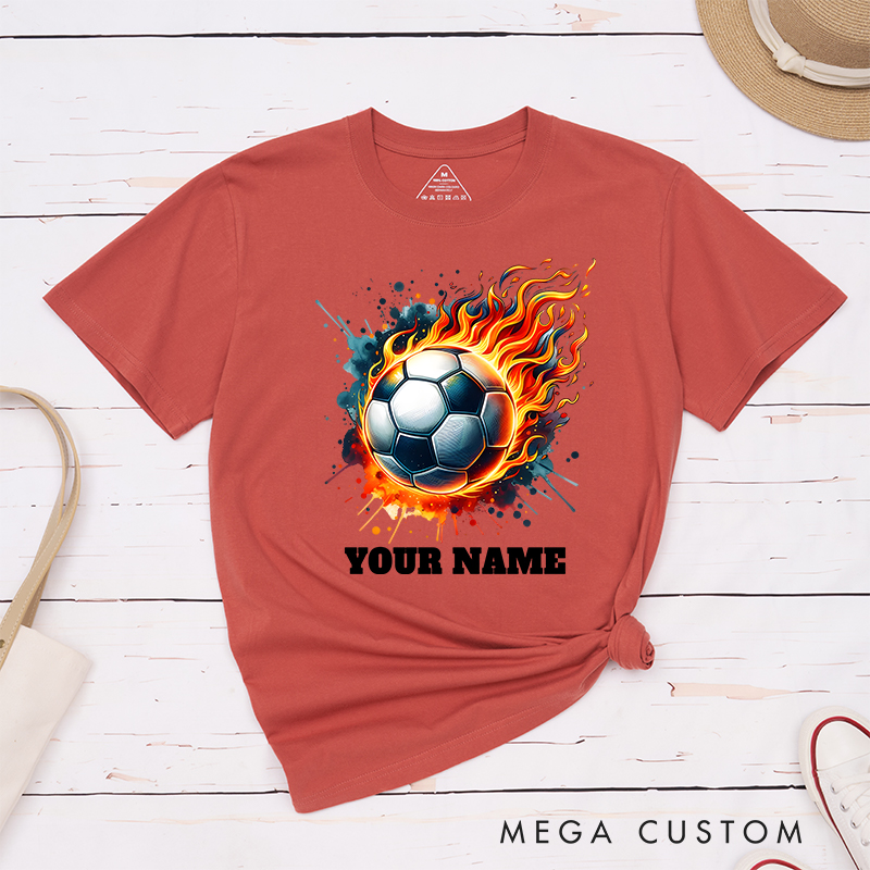 Personalized Flaming Soccer Ball T-Shirt with Custom Name  