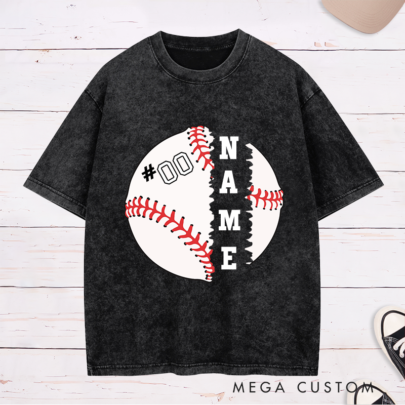 Personalized Baseball Graphic Washed T-Shirt with Split Design and Custom Name and Number