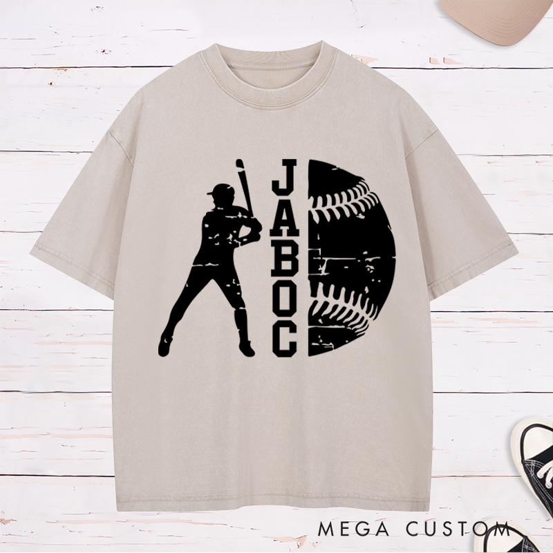 Personalized Baseball Washed T-Shirt with Batter Silhouette and Custom Name Design