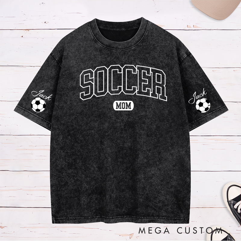 Personalized Soccer Mom Washed T-Shirt with Custom Sleeve Name Design