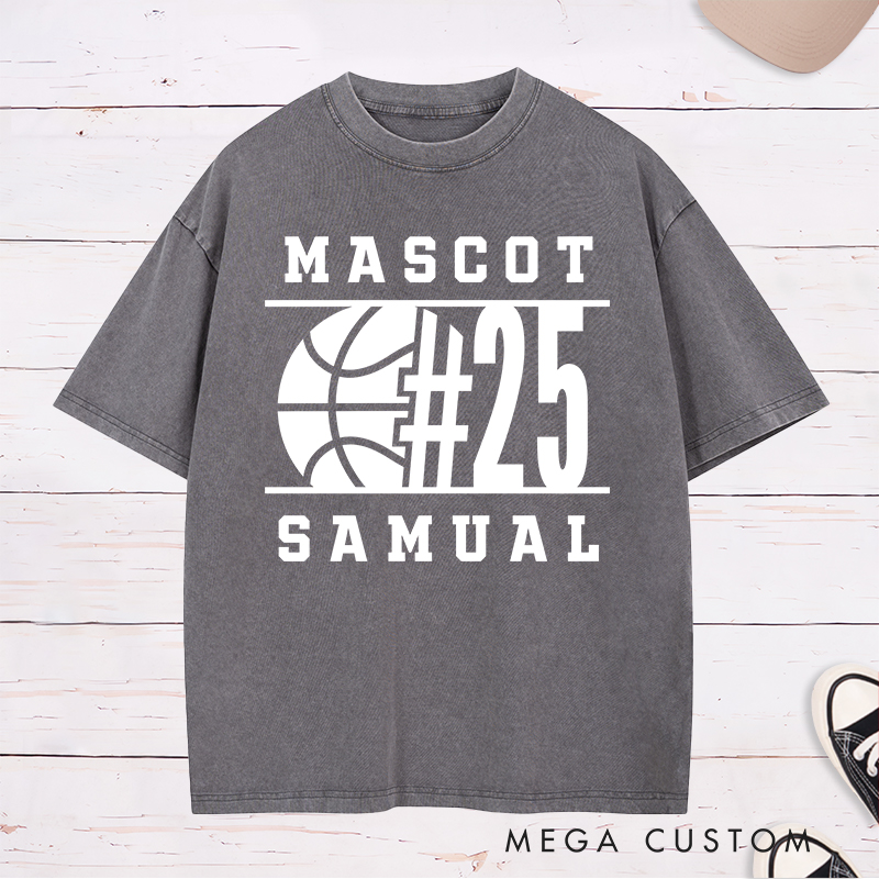 Personalized Washed T-Shirt Design Featuring Bold Basketball Graphic with Customizable Team Name Player Number and Personal Name