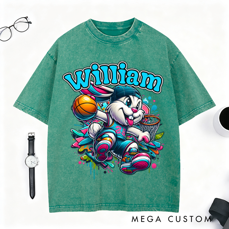 Personalized Easter Basketball Washed T-Shirt with Custom Name Design