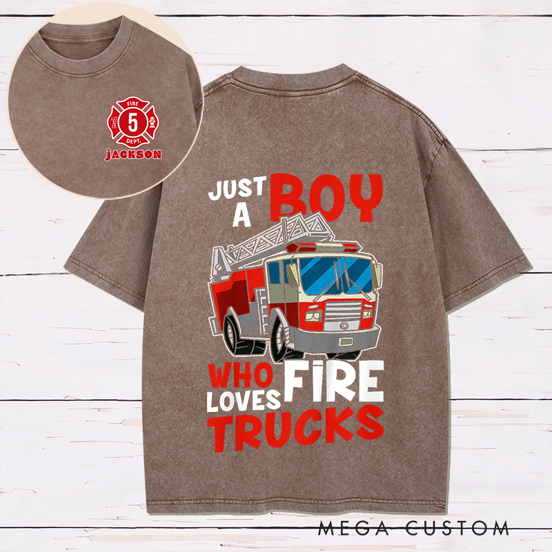 Personalized Firefighter Washed T-Shirt Fire Truck Design Just a Boy Who Loves Fire Trucks Gift for Firefighter Kids