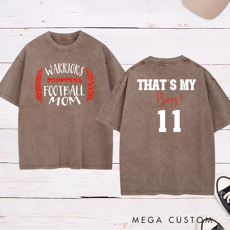 Personalized American Football Washed T-Shirts for "That's My Boy" with Custom Team Name and Number