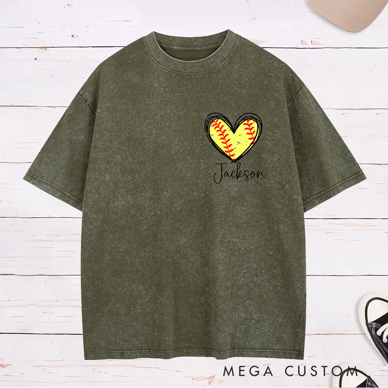 Personalized Softball Heart Washed T-Shirt Design Featuring Custom Name and Vibrant Softball Stitching Graphic